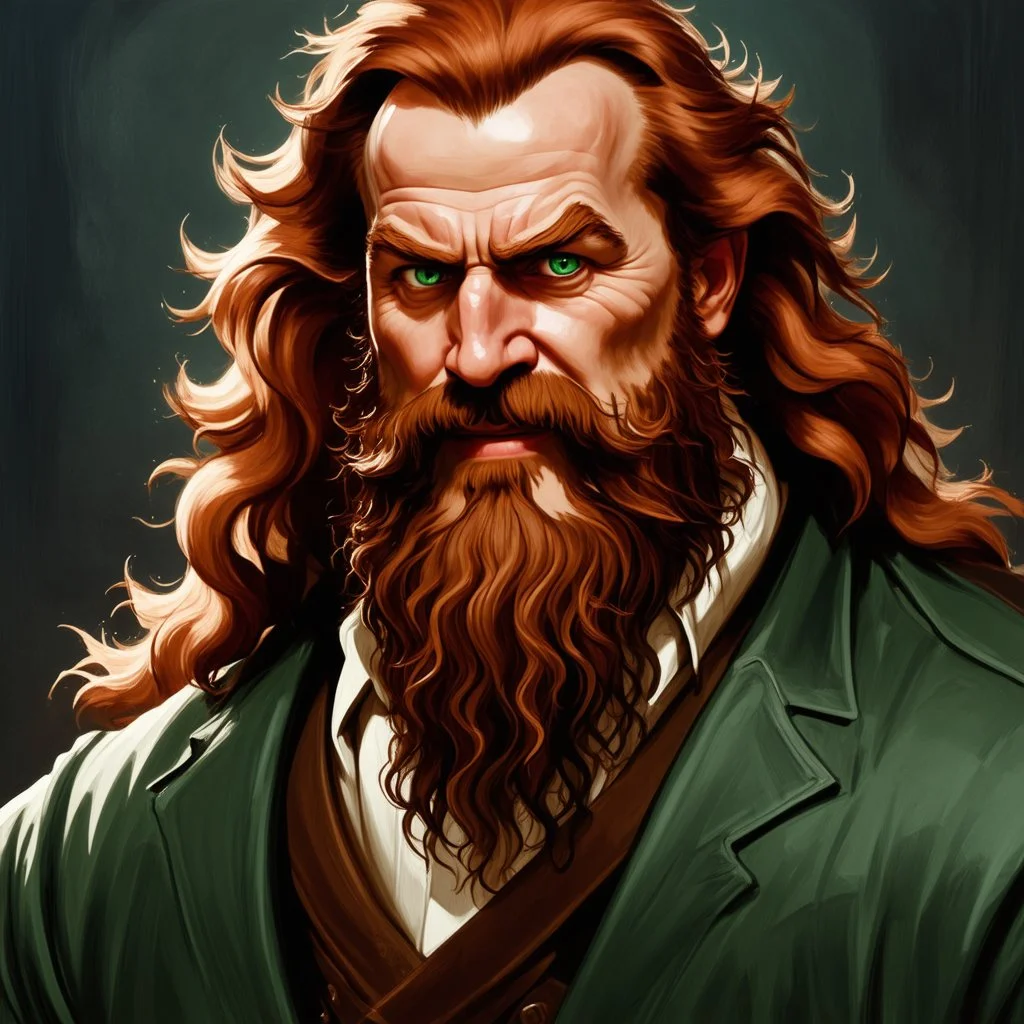 dnd, fantasy, watercolour, stylistic, portrait, illustration, dull colours, male, dwarf, face, bearded, long brows, frugal, weathered face, green eyes, determined, happy, red hair, very long hair streaming down the shoulders, radiating light, five o'clock shadow, softer facial features, dignified