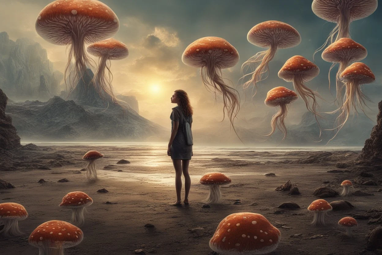 woman standing on the shores of an alien world, with mushrooms with jellyfish tentacles, floating in the air, photorealistic, Detailed Matte Painting, Deep Colour, Fantastical, Intricate Detail, sunshine