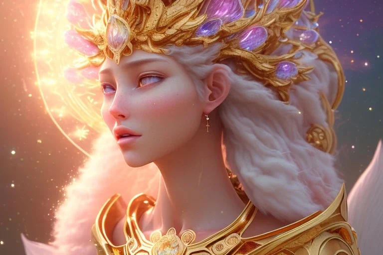 very beautiful cosmic crystal and gold subtle goddess in a galactic ambiance, transparent petals, delicate colors, in the foreground, full of details, smooth, bright sunshine，soft light atmosphere, light effect，vaporwave colorful, concept art, smooth, extremely sharp detail, finely tuned detail, ultra high definition, 8 k, unreal engine 5, ultra sharp focus