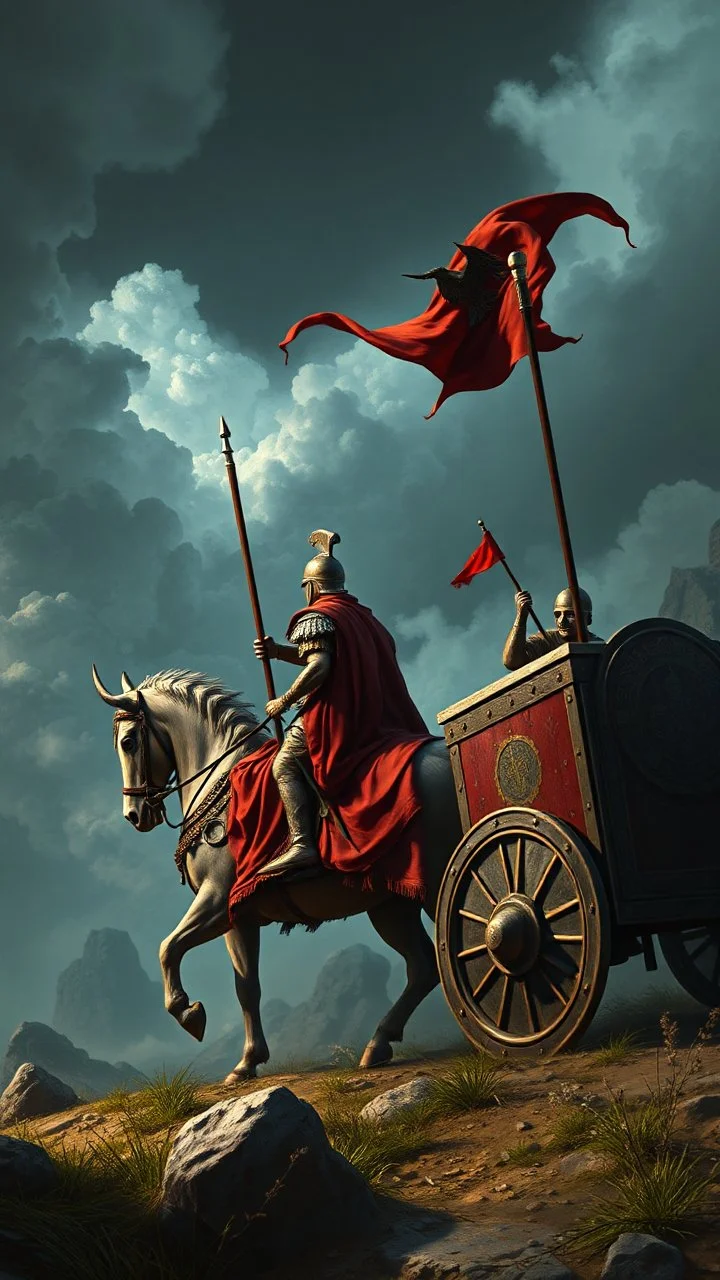 Bosch painting style nightmare , 3D , a roman warrior in side Roman chariot , background, high Quality picture , 8k