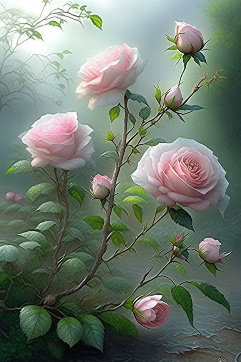 74. Watercolor, a bush of delicate pink roses, an ultra-detailed plant, morning, rain, beautiful landscape, fog, many details, delicate sensuality, realistic, high quality, 3d, work of art, hyperdetalization, filigree, hazy haze background, hyperrealism, professional, transparent, delicate pastel tones, back lighting, contrast, fantastic, unreal, translucent, glowing, clear lines, epic fabulous, fabulous landscape, hyperrealism