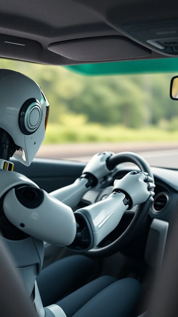 A robot behind the wheel driving a car