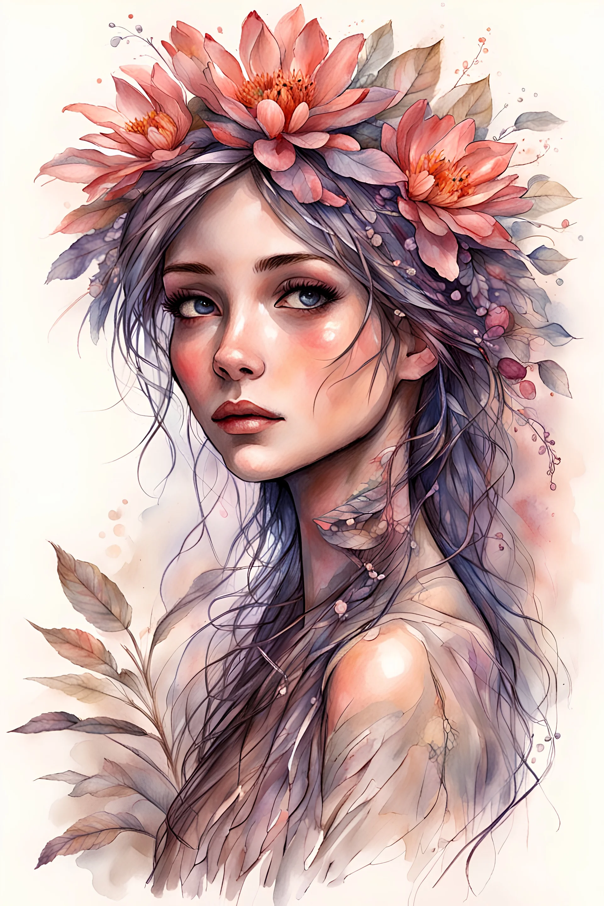 in the art style of Lois Royo: A female plant person