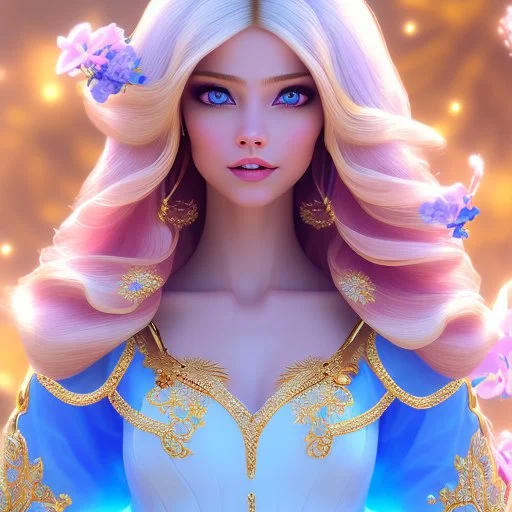 Beautyful smiling young woman, long hair amazing blue eyes, flowers, happy cosmic, bright colors, blue, pink, gold, jewels, realistic, photo real, clear sunny background, highly detailed, high contrast, 8k high definition, unreal engine 5, extremely sharp detail, light effect, sunny light background