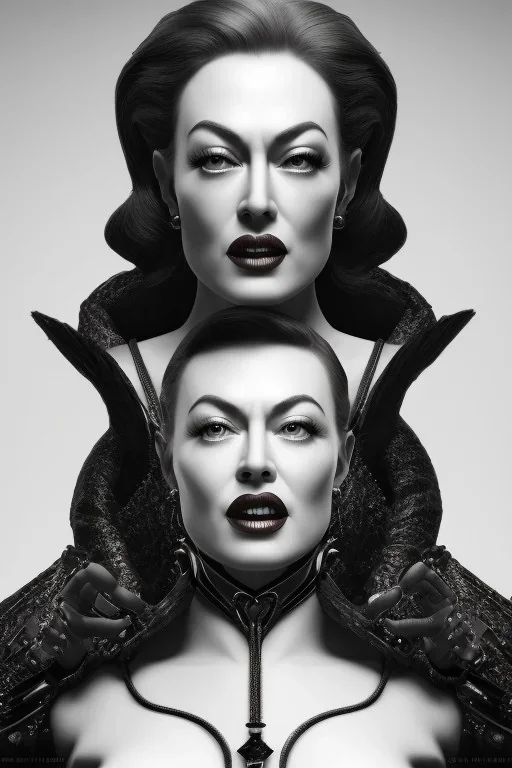 Joan Crawford as evil queen in black leather, busty, cleavage, dominatrix, curvy, angry, stern look. unreal 5, octane render, cinema4d, dynamic lighting, dramatic lighting, 4k, redshift render, highly detailed, hyper realistic,anthropomorphic black wolf long