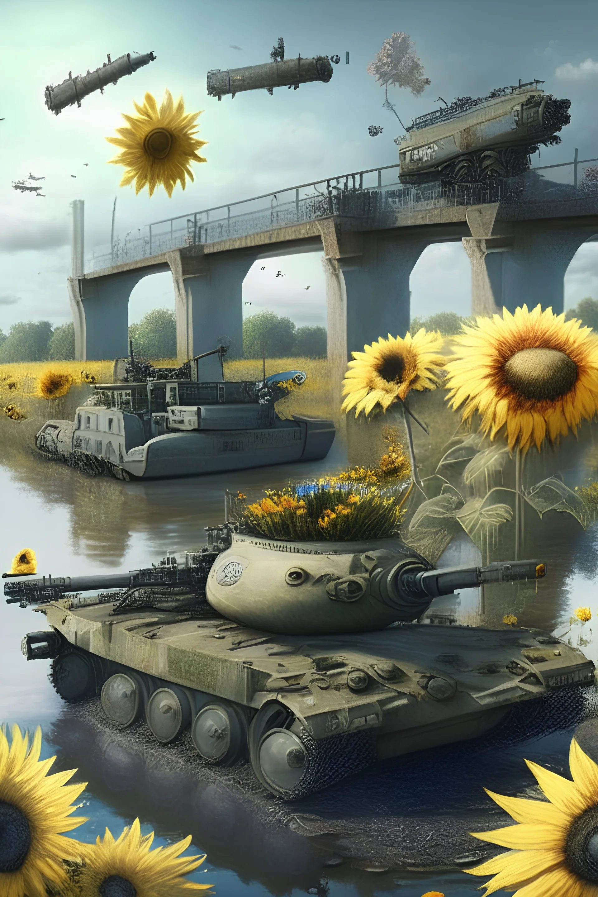 all kinds of guns and missiles in gray lake with bridge of sunflowers and tanks