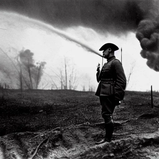  WW1 Era Soldier looks at a battlefield that is on fire