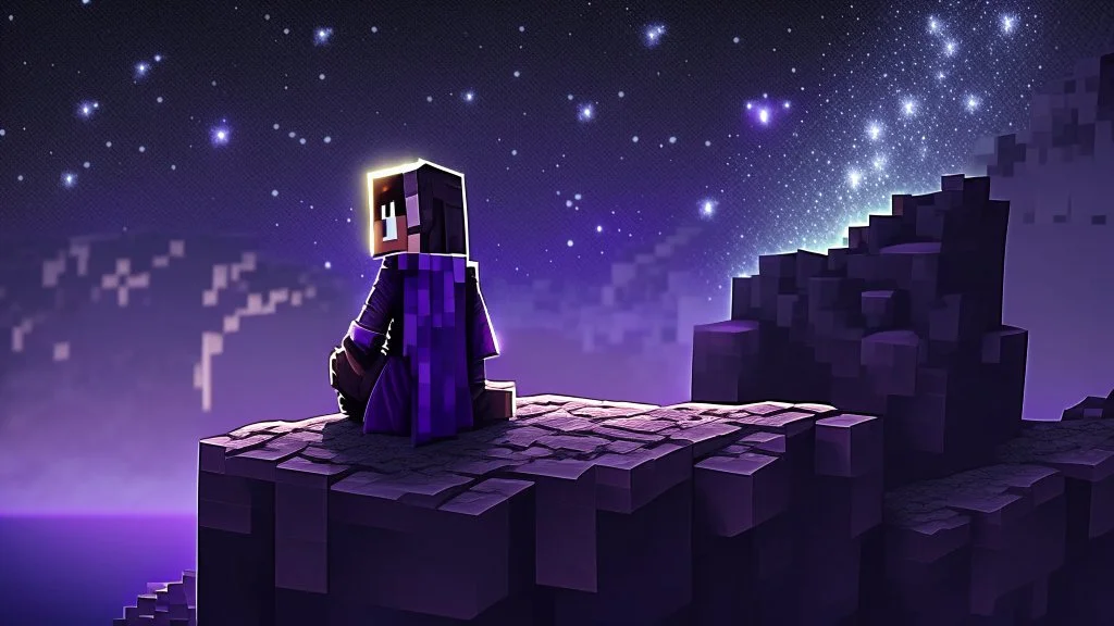 Minecraft Character, minecraft theme, purple starry sky, meditating, facing back, wearing gown, minecraft style, in between two cliffs, sharp edges