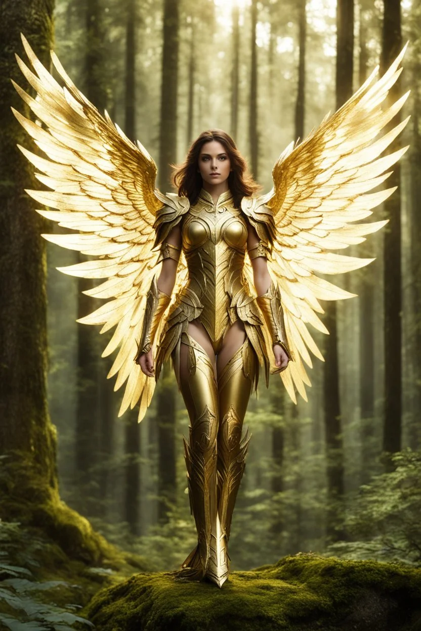 Front view Photography Beautiful Angel Guardian ranger,straddle wings golden full body hyper futuristic, of the forest of the Eladrin wearing armor ornaments in an enchanted golden high