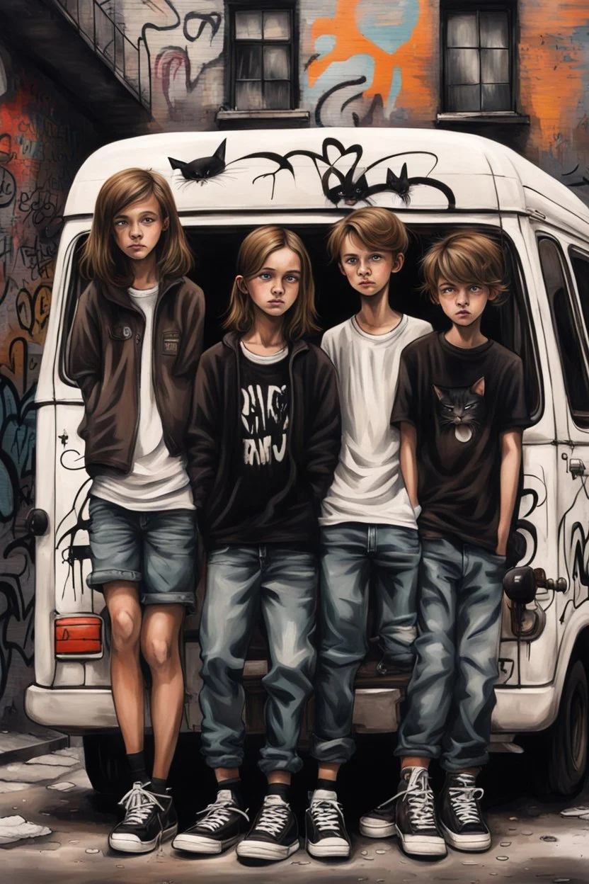 graffiti style, dark colors, two boys and a girl 15 years old, brown hair, black cats, old town, white van in background