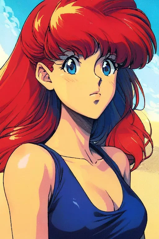 1girl, retro anime, 80's, redhead,portrait, synth-wave colored, beach