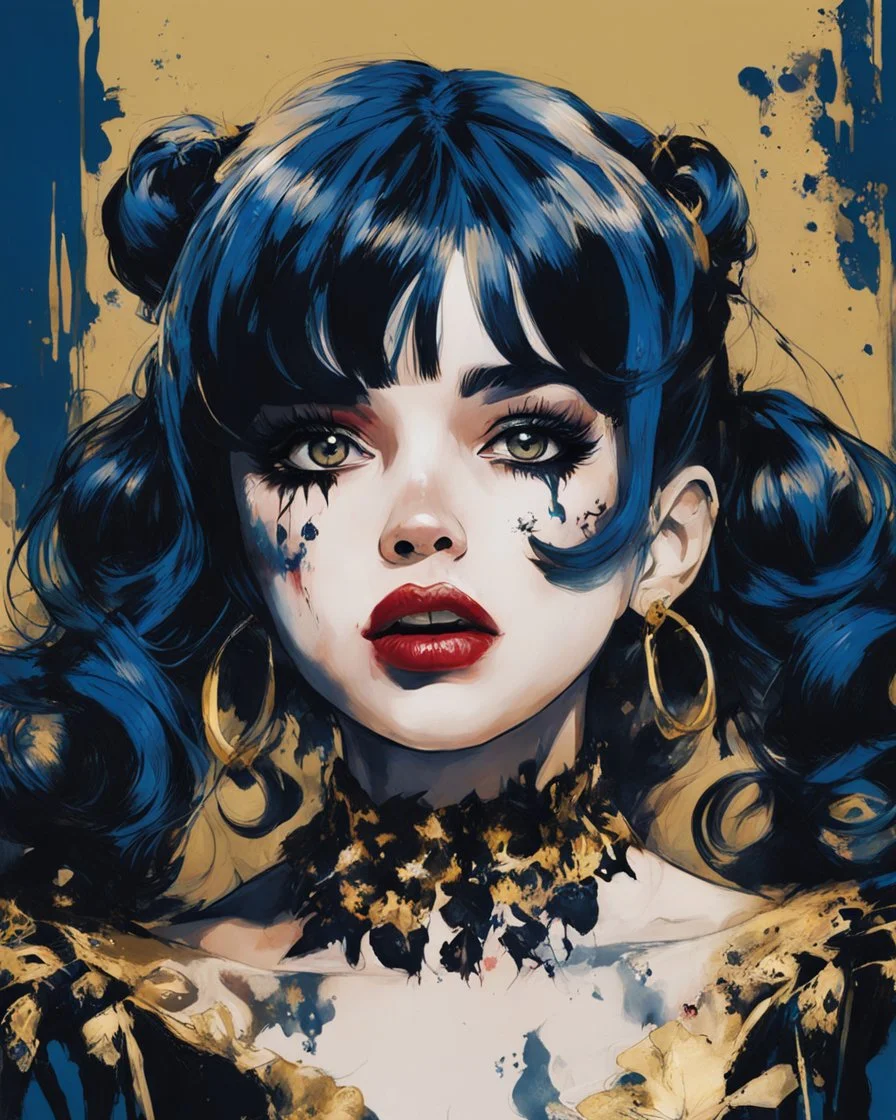 Poster in two gradually, a one side malevolent goth vampire girl face and other side the Singer Melanie Martinez face, painting by Yoji Shinkawa, darkblue and gold tones,