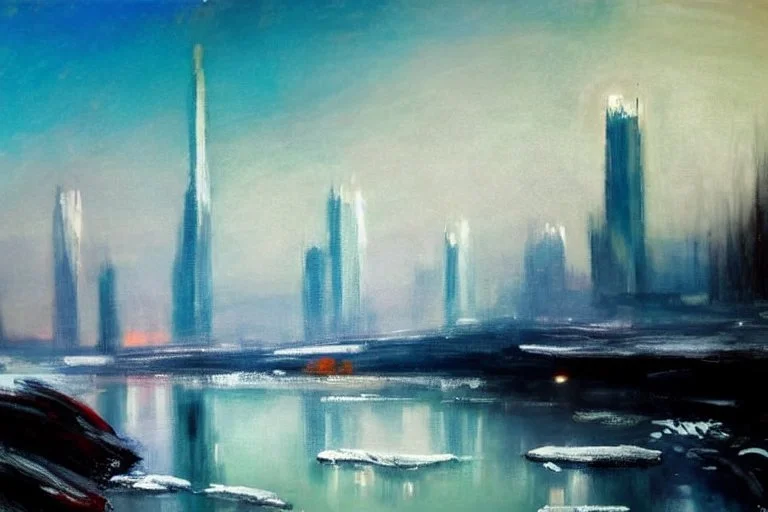 City, city lights, distant city, lake, lake reflections, vegetations, winter, ice, rocks, lesser ury impressionism painting