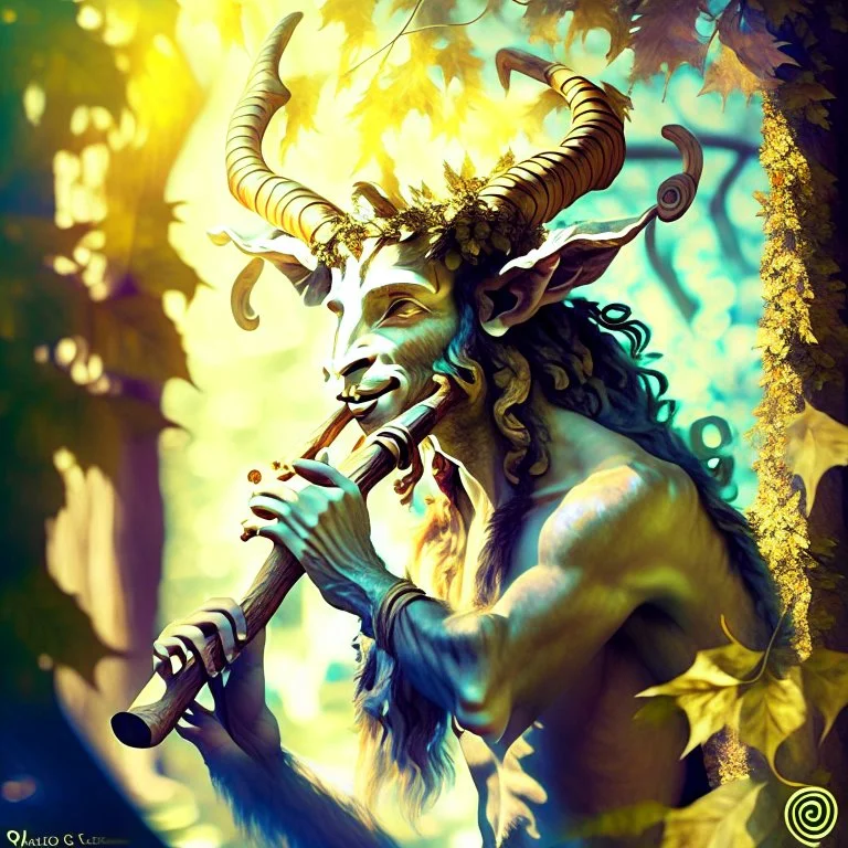 satyr male nature spirit in Greek mythology, both human-like and goat- or horse-like features. their deep love drinking, dancing, and music. Prompt: "painting, pan satyr playing wooden flute, ram horns, by Kris Kuksi, beautiful leafy background, sunny day" Modifiers: bokeh sharp focus fantasy intricate 8k portrait beautiful dynamic lighting close up hyperrealistic crisp quality Unreal Engine hdr cinematic postprocessing Alphonse Mucha salvator dali black ink Craig Rutkowski Moody colors