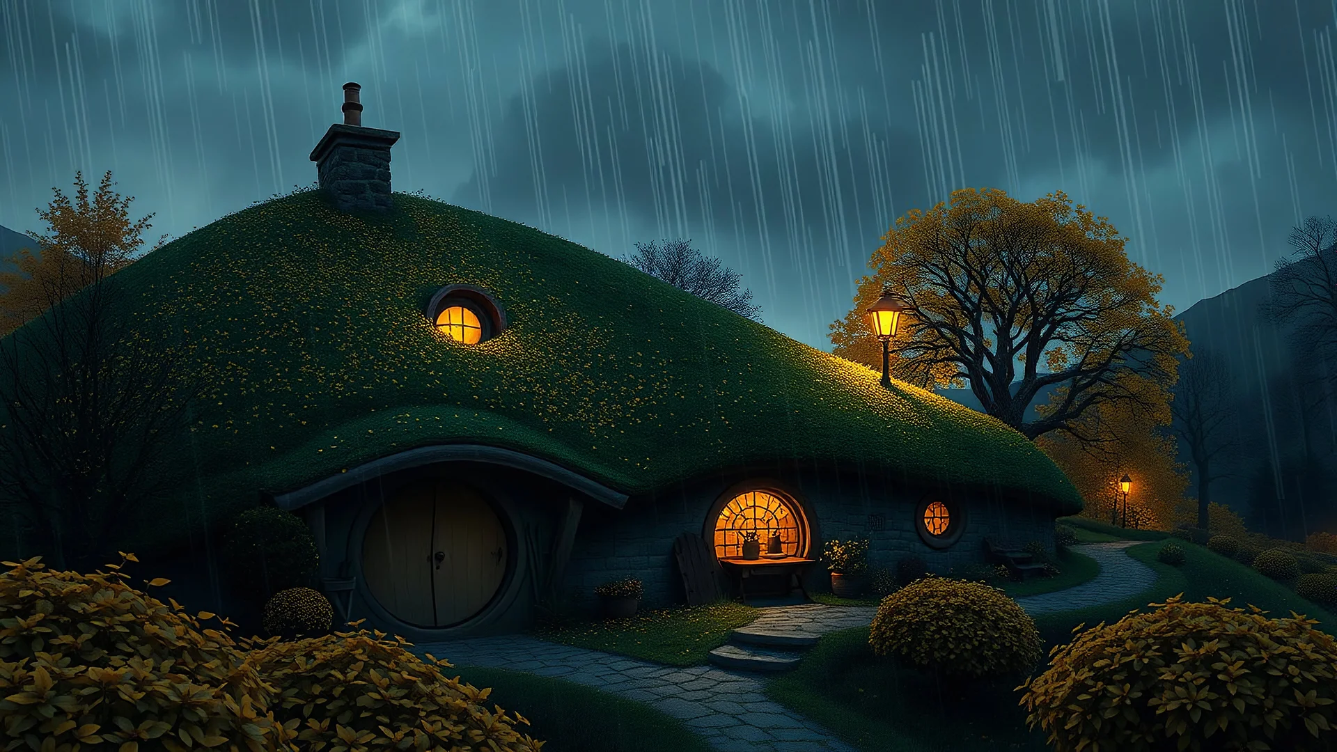 a vector-style raw illustration of lonely in-hill hobbit house in Shire, Hobbiton, Middle-Earth, old town, lord of the rings movie :: autumn, thunderstorm, grey sky, rain, wind, hurricane, late evening, yellow leaves, (evening:1.5), streetlights :: hobbit village, round doors, round windows :: underhill houses covered by falen leaves and flowers, fireflies, traditional hobbit architecture, hobbit scene painting