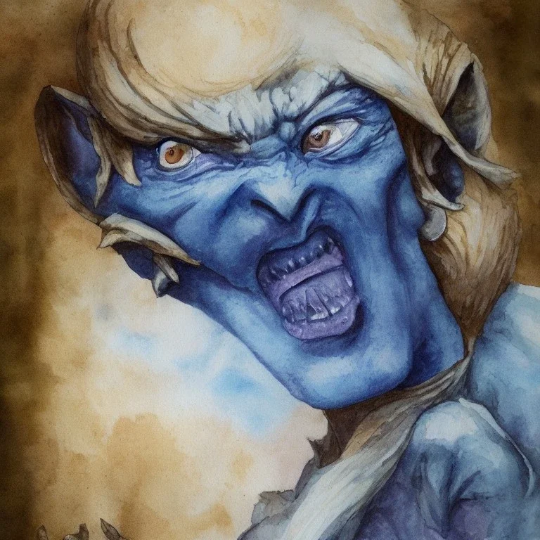 dungeons and dragons, fantasy, goblin, king, ochre skin, watercolour, blue nose, figure, pose, distinct face