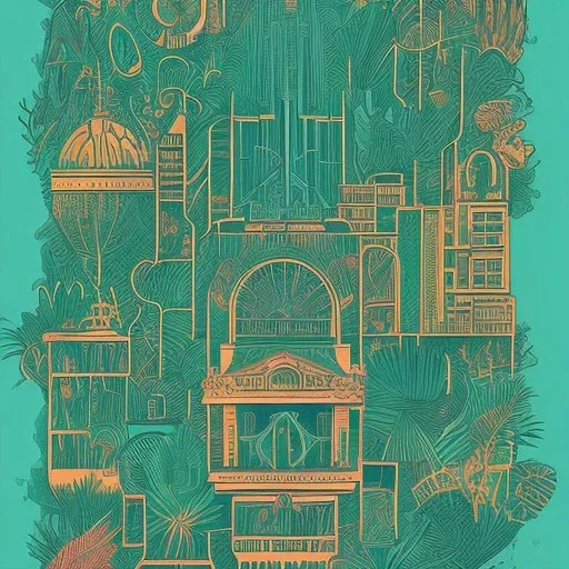 tropical city, latino, plants, streets, risograph poster, flat design, 2 colors