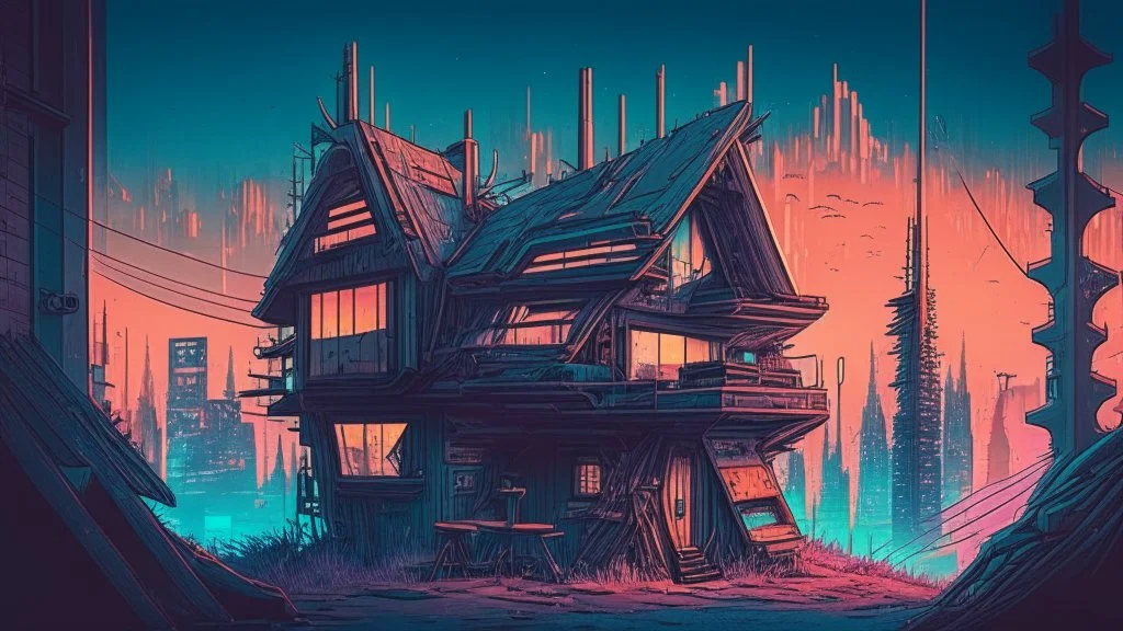 small Wooden European Cabin, In cyberpunk city-skyline, comic style