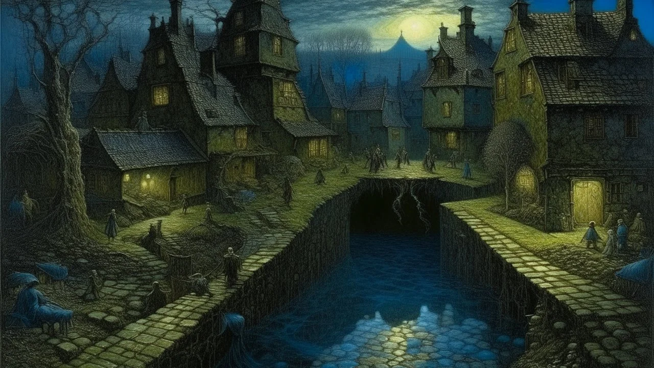 A dark blue chaotic realm with pixies painted by John Atkinson Grimshaw