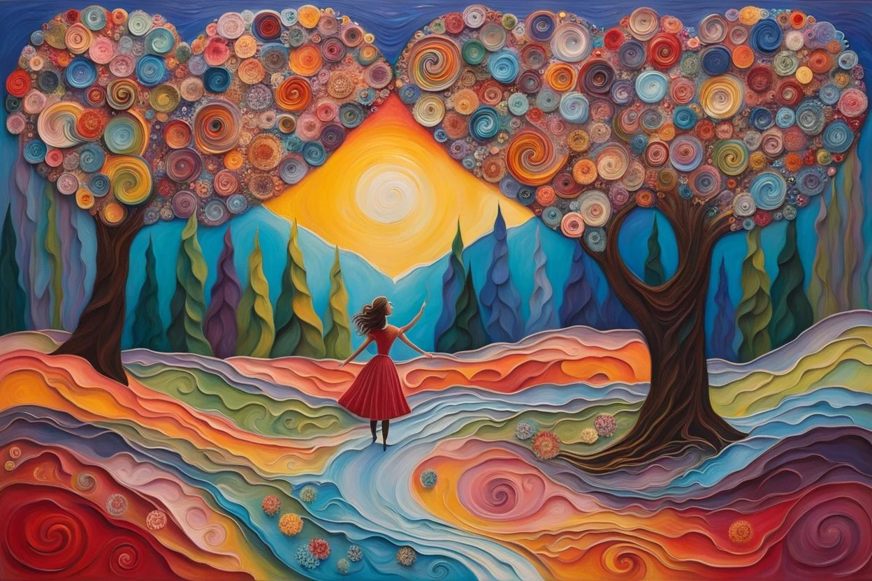 A heart shaped whimsical high raised impasto painting with poured acrylic and swirl patterns, vibrant and colorful artwork with intricate designs and patterns, set against a plain background. There are various elements like trees, flowers, and swirls painted in bright colors creating an enchanting scene. A silhouette of a girl is depicted, appearing to be in motion towards the colorful image. The ground where the girl stands is adorned with flowers and plants