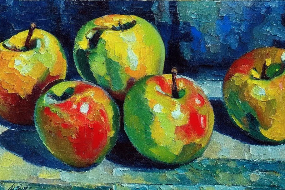 Abstract impasto oil painting of an apples on a table in the style of cezanne cezanne