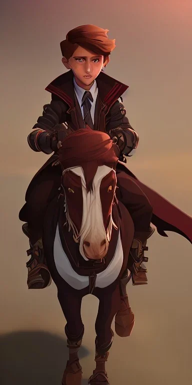 a handsome 9 year old brown haired little warlock kid riding a magic horse