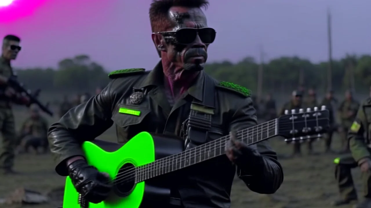 4k full détails terminator playing guitar on a battlefield in Vietnam with us soldiers