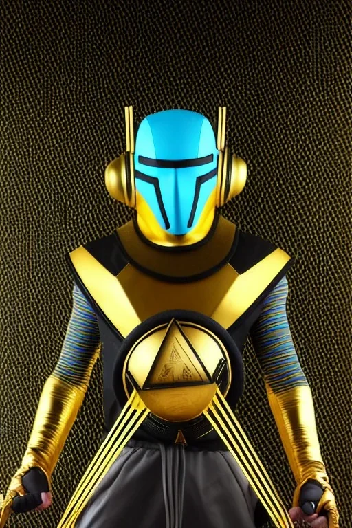 HQ photograph. Geometric 3D tiling on the background, Egyptian. Bronze color, Yellow, Black Cyan, Cyber-punk, full-mask, big old AKG headphones, golden rings & disc, fencing mask. Selfie archer. Asa Akira, lightly armored, electronic circuits. Thick tights, thick calves, bend fell, wide hip, flat belly. Ancient artifact attached. Perfect body. Matrix movie clothes, Silver leather area, tippet, latex. Wicked sneakers. Daft Punk, Tron Movie. Haute Couture. 1990's. Ancient telephone microphone.