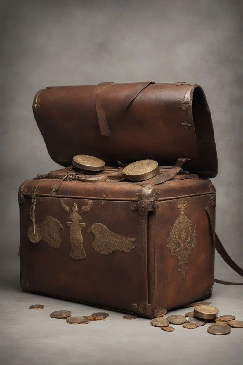 in the BASEMENT there is an old, broken brown oblong leather chest with short handles, with a hole on the side, gold coins from the time of Catherine the Great fall out of it. The ancient coat of arms of tsarist Russia, the double-headed eagle, is BARELY VISIBLE on the bag. All in high quality 8K