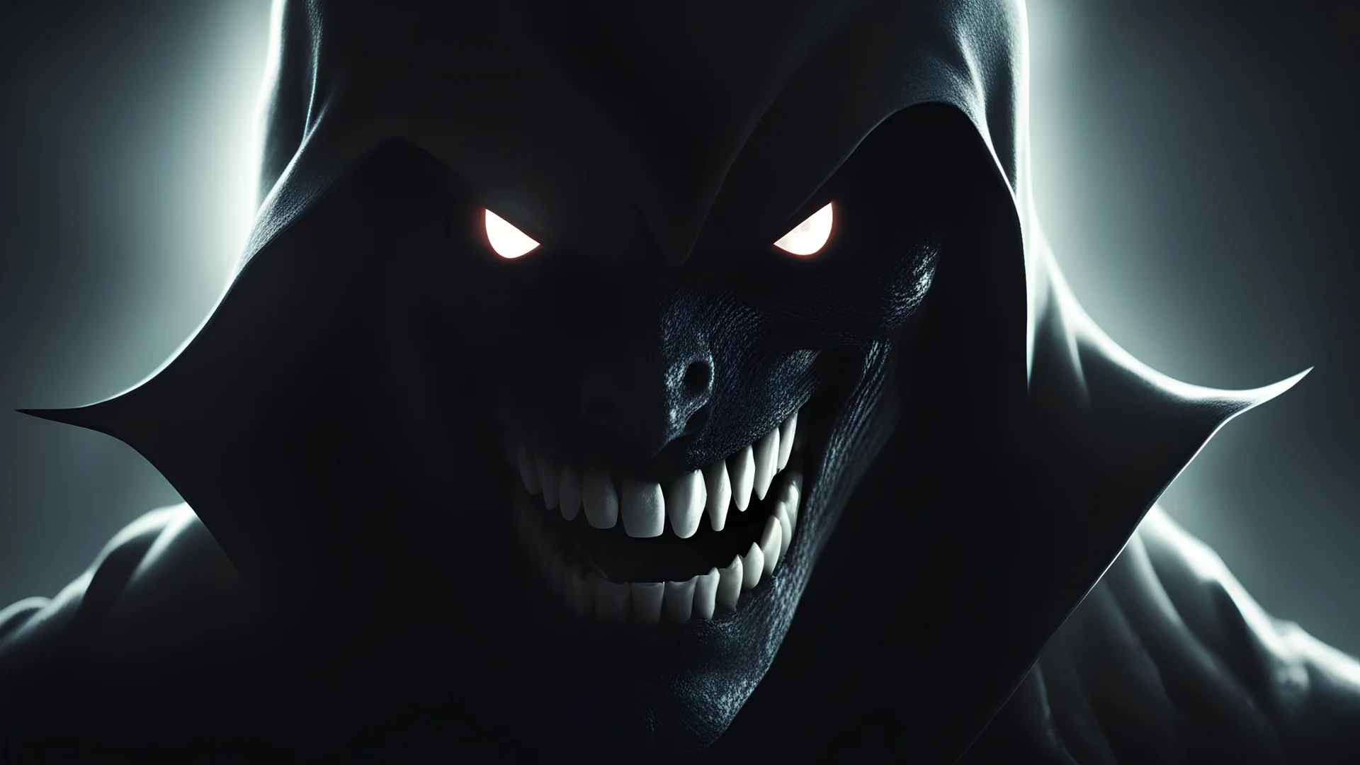 Badass Shadow man with sharp glowing white eyes and sharp shadow teeth