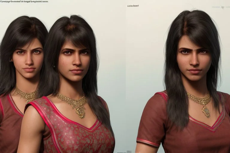 Indian Female character 19 years Proportions of the character the head-to-body ratio . Create a distinctive that helps the character stand out and be easily recognizable Design the character's face, including the shape of the head, eyes, eyebrows, nose, mouth, and ears. Consider the character's personality, age, and any unique that set them apart depth and visual interest. Front, Side, and Back Views: Provide multiple views of the character, including front, side, and back mode sheet