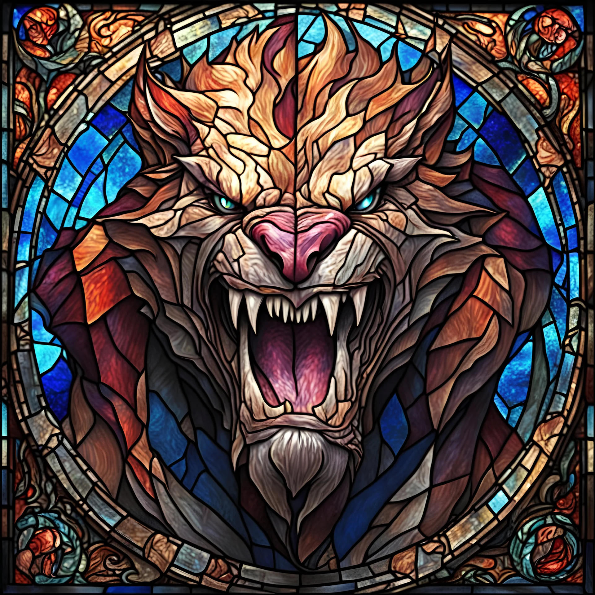 Must stretch must hunch over must snarl and snap Must be … a Beast, in stained glass portrait art style