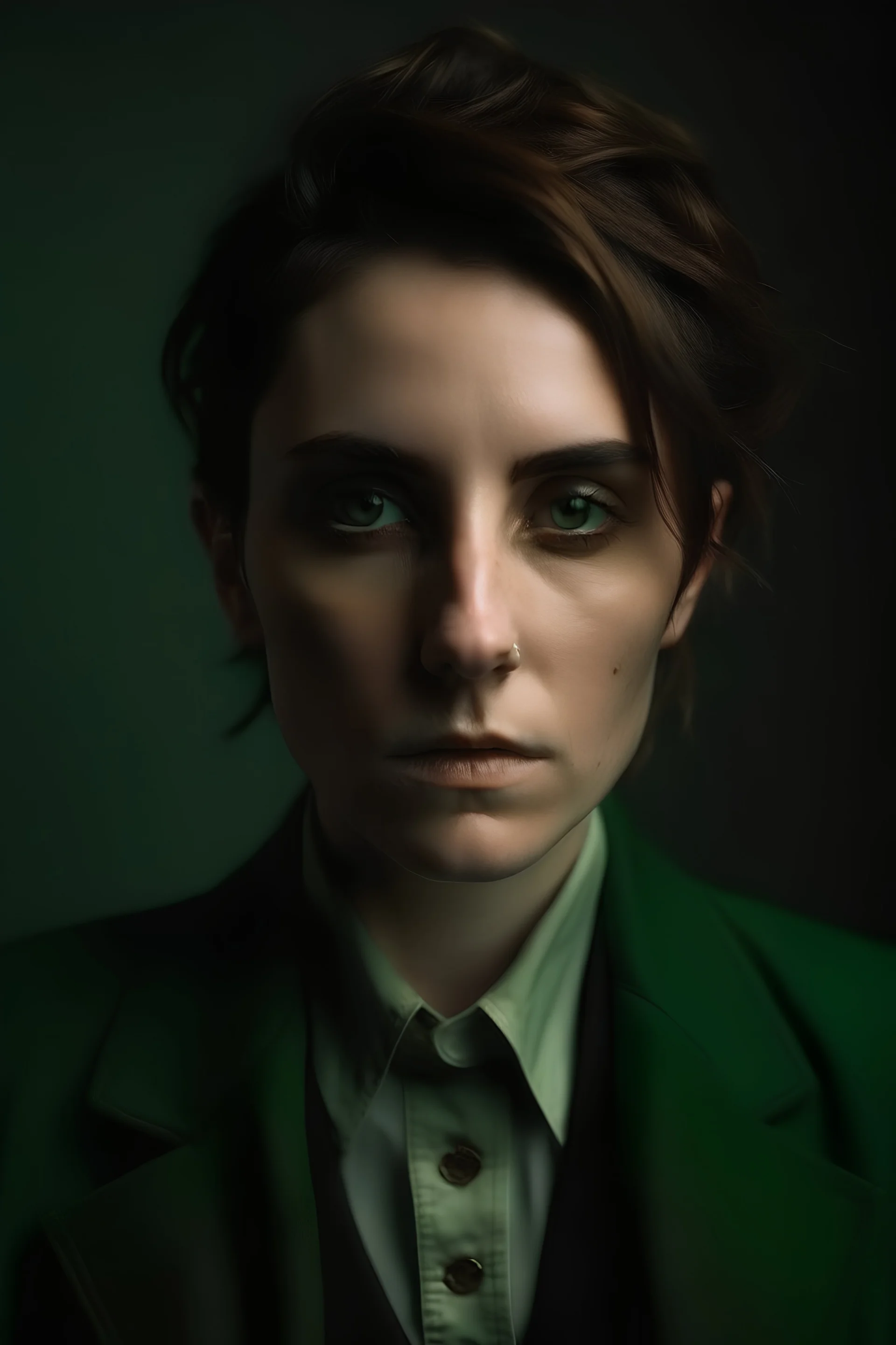 photograph, character, androgynous female, dark green pigment, brown hair