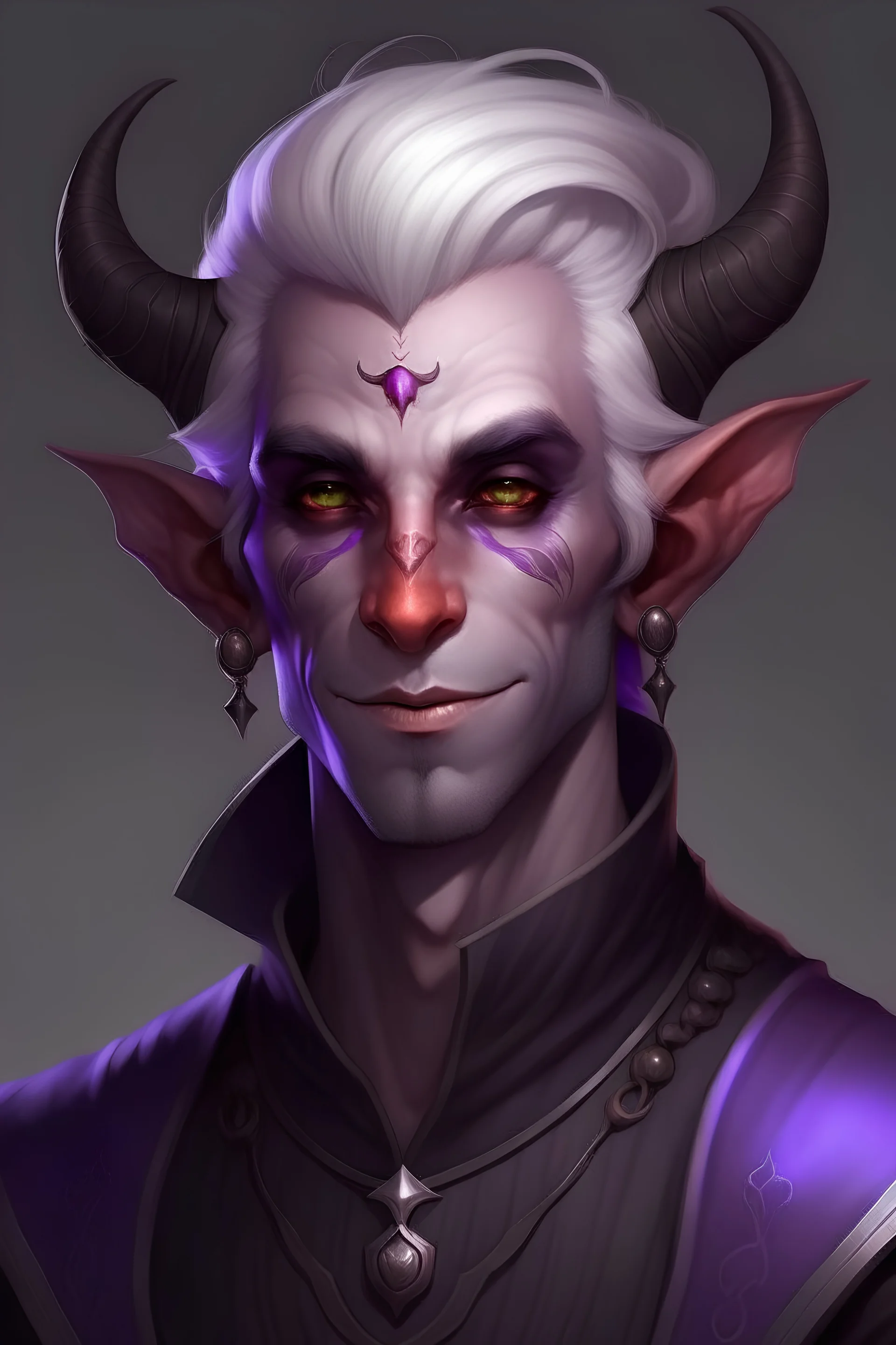 male tiefling with silver hair silver eyes and purple skin