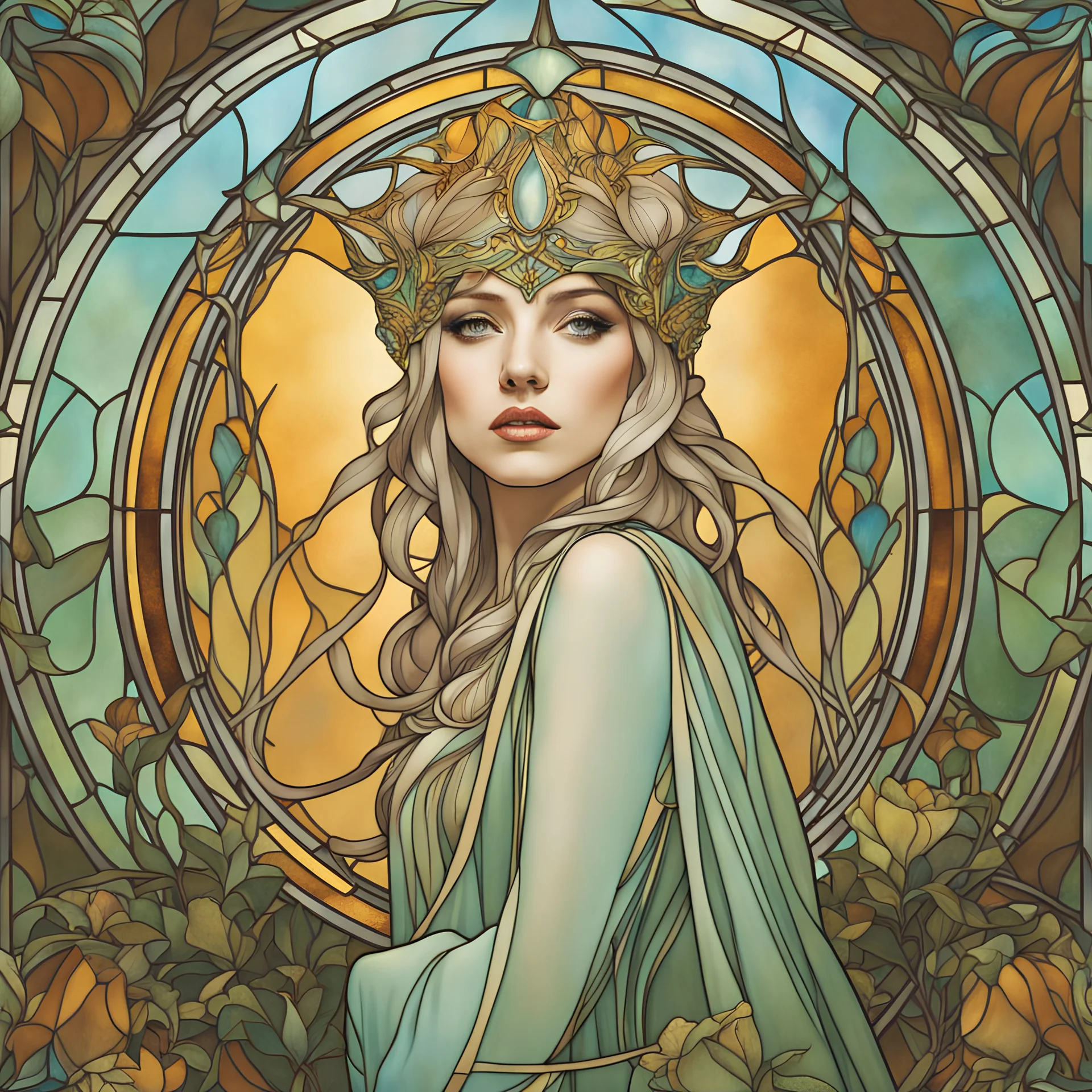 stained glass motif by Alfons Mucha, art by Patrick Woodroffe in the style of Salvador Dali, Lady Gaga as an elf princess in an elven kingdom, HD 4K ultra high resolution, photo-real accurate