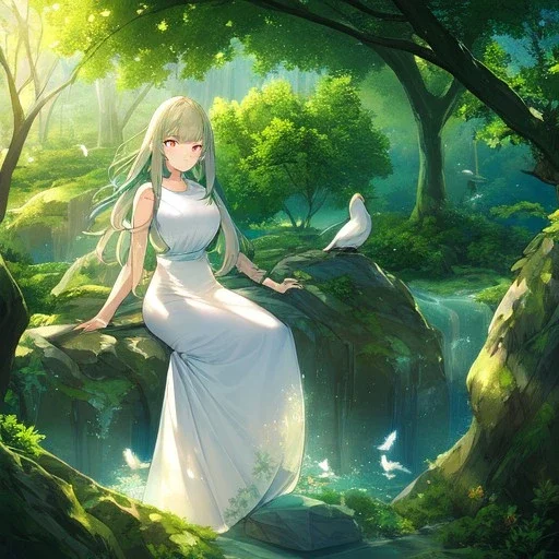 very gorgeous anime girl dressed in white dress, very detailed, trees, birds flying, green trees, creek meditation pose, sitting on a rock, with rays of sun peaking through the trees