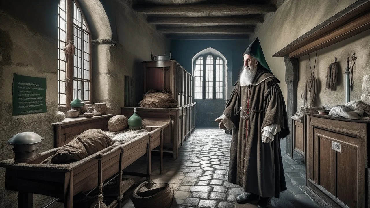 a holy healer is travelling in medieval hospital.