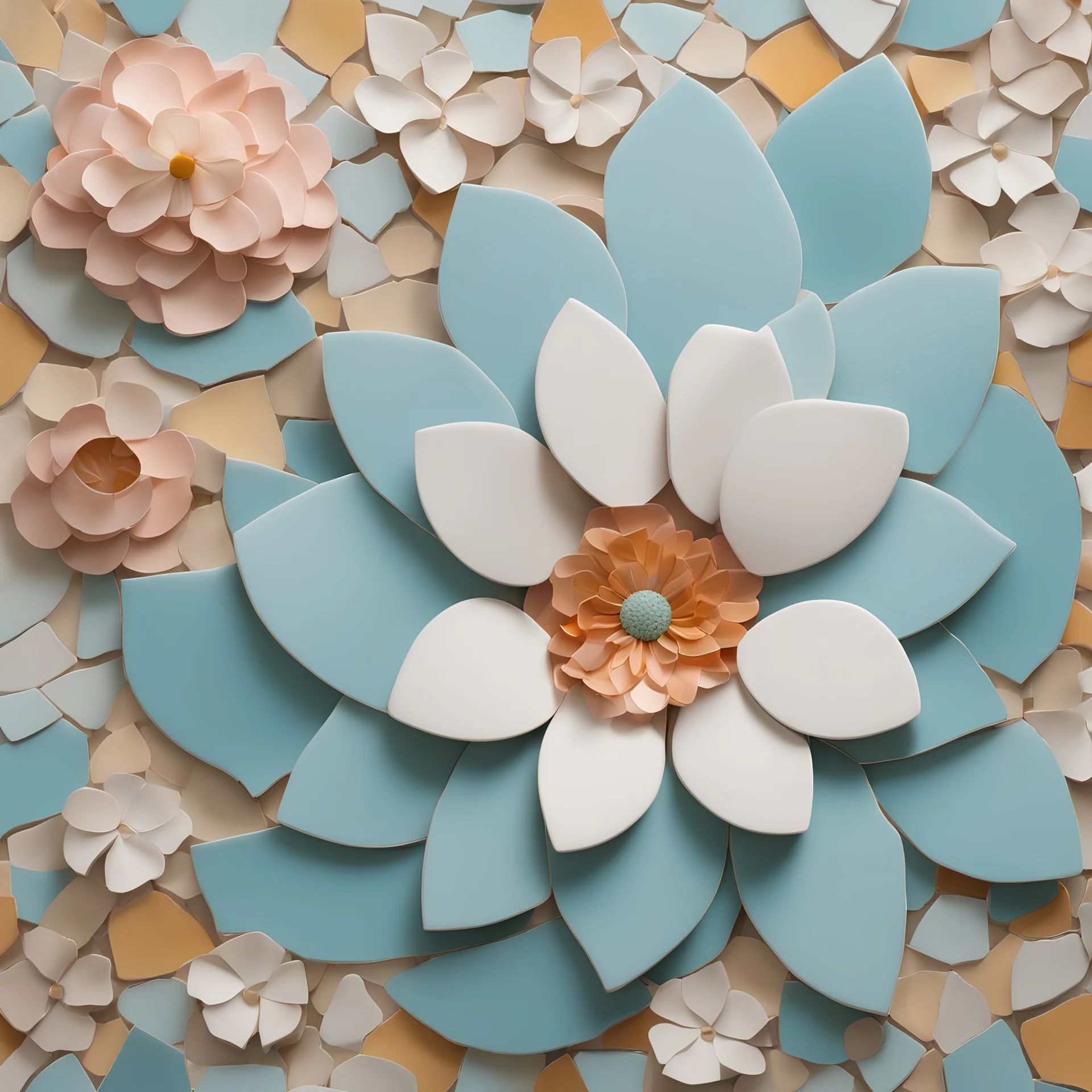 Floral mosaic collage of a flower made from pieces of tiles and broken pieces of porceline , soft hues, delicate craftwork. 8k, octane render.