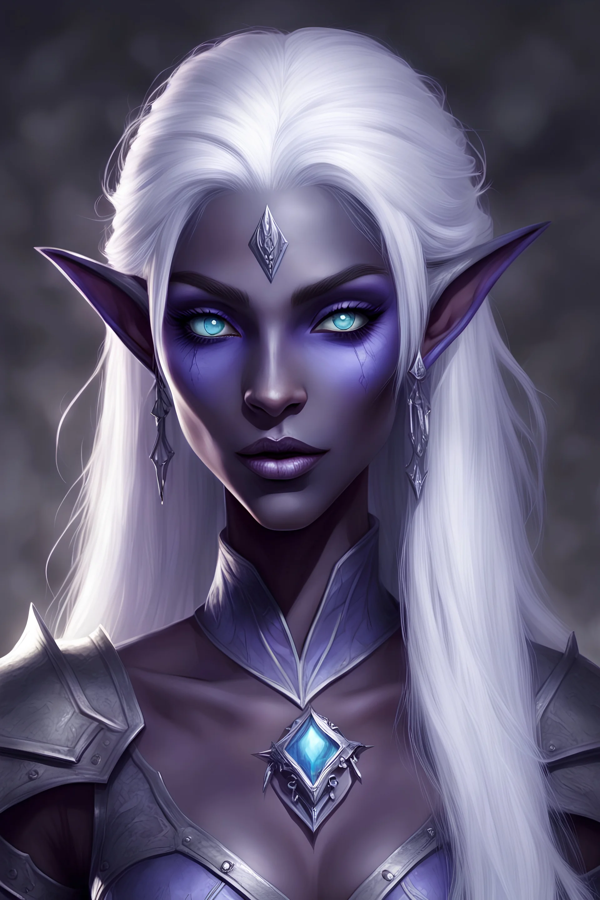 female drow from dungeon and dragons that resembles a dark elf but has purple skin tone with very light blue eyes and stark, long stark white hair decorated with metal accessories, with a kind face, and slender face, young, innocent, with small lips and small nose, beautiful, with a smile, beautiful, young, calm, sweet, bard, accessories in hair, realistic, happy, magical, dancing, wearing a dress with metal decorations, scars, magical, braids, high checkbone