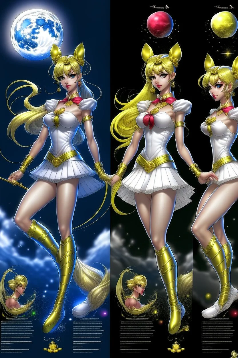 Create a stunning, full body, photorealistic illustration of Sailor Moon's transformation sequence, highlighting her evolution into a beautiful and powerful woman. Ensure that the details, colors, and lighting capture the essence of her character and the magic of the transformation, make no distortion, no deform of any body, no ugly face and eyes, lips, make sure its full body frame,