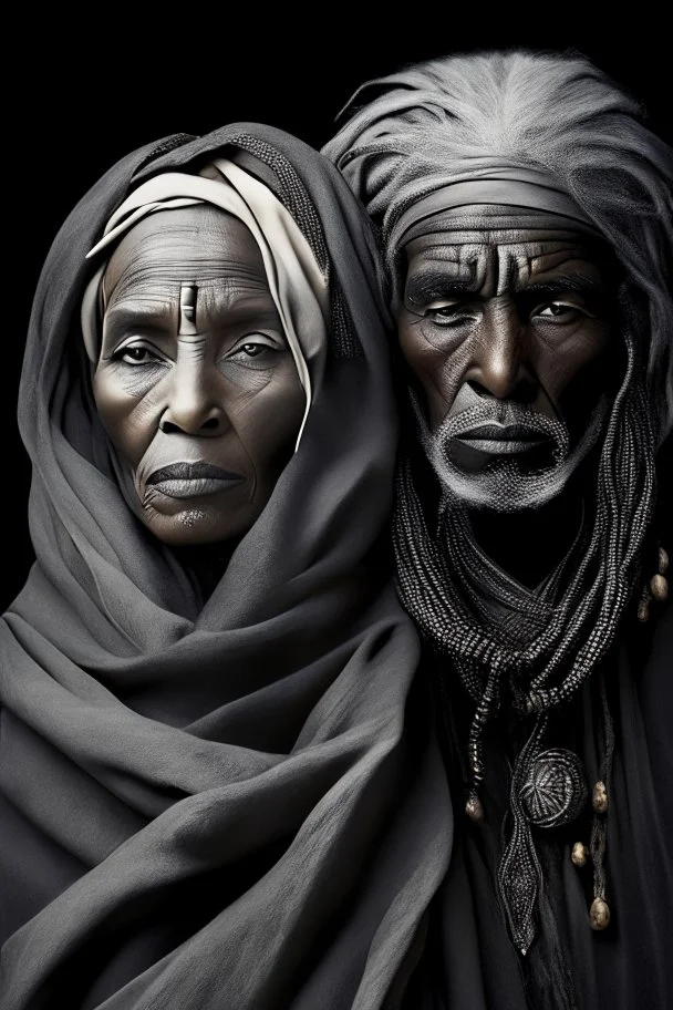 a photo of an Tuareg man and woman with ethnic jewelry, grey hair and grey flowing robe, in style of Annie Leibovitz, contemporary portrait of a mature yet beautiful and modernist, black and grey, detailed face, swirling fluid smokey enigma, award-winning artwork