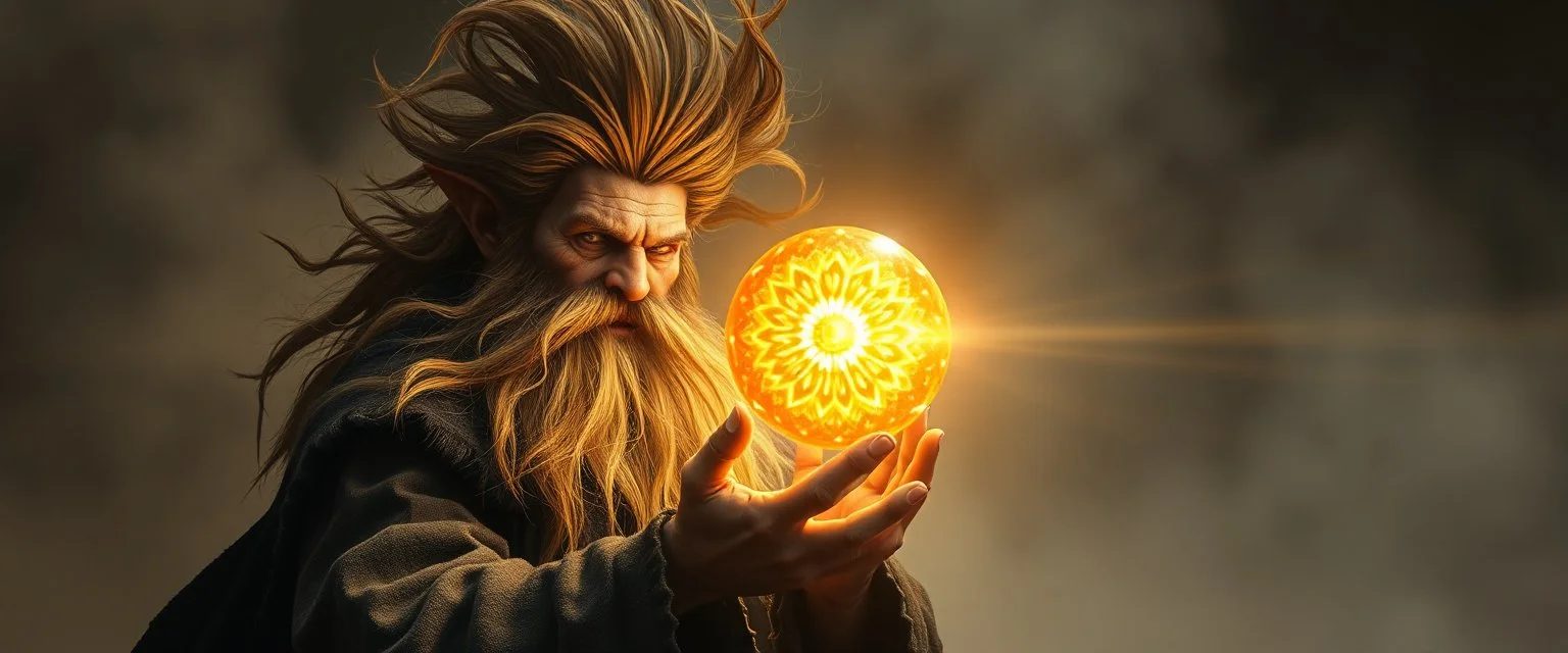 fearful dwarven priest with wild standing hair, expert holding up a floating radiant Painite crystal rosette ball shooting radiant light through the fog, folded hands