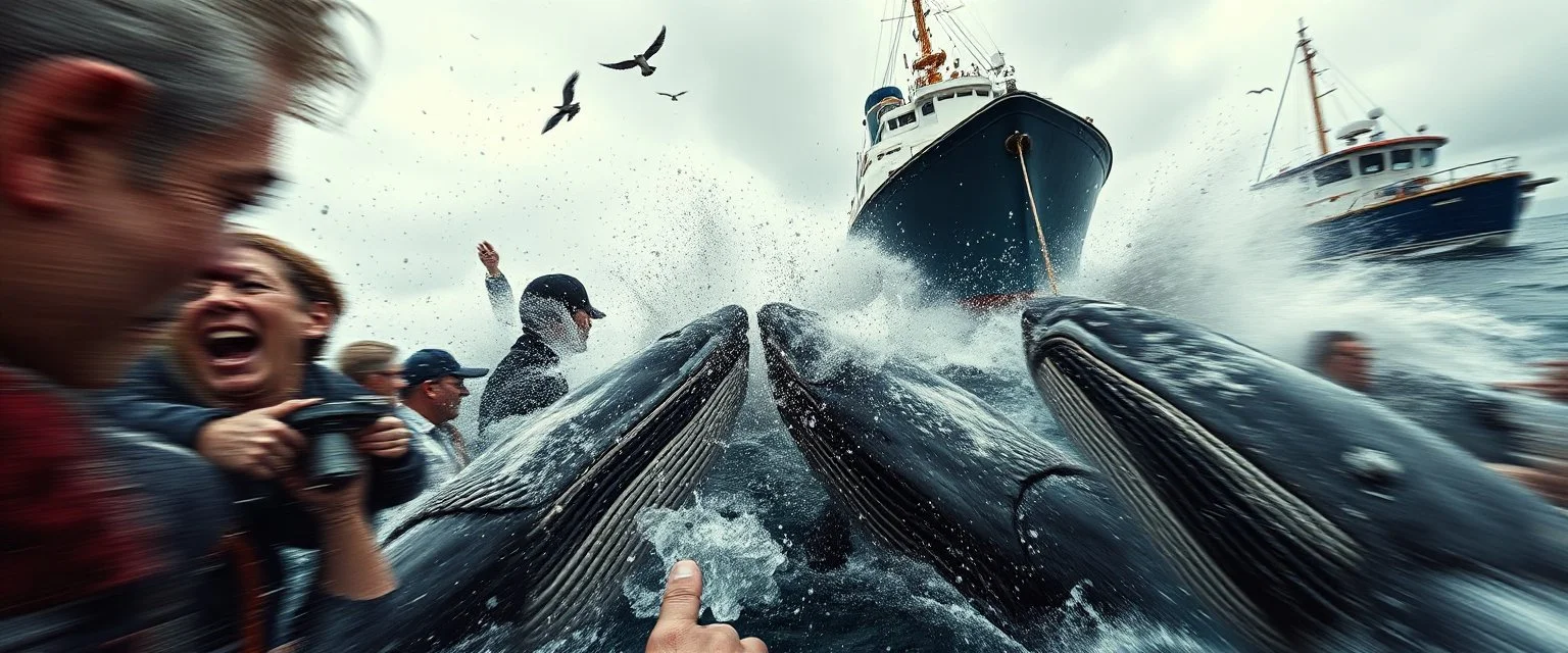 close up on scared people, collisions, aggression, ship hitting animals, animals interacting with vehicles, whales near boats, overlapping subjects, chaotic composition, distortion, surreal behavior, violence, confusion, merged objects