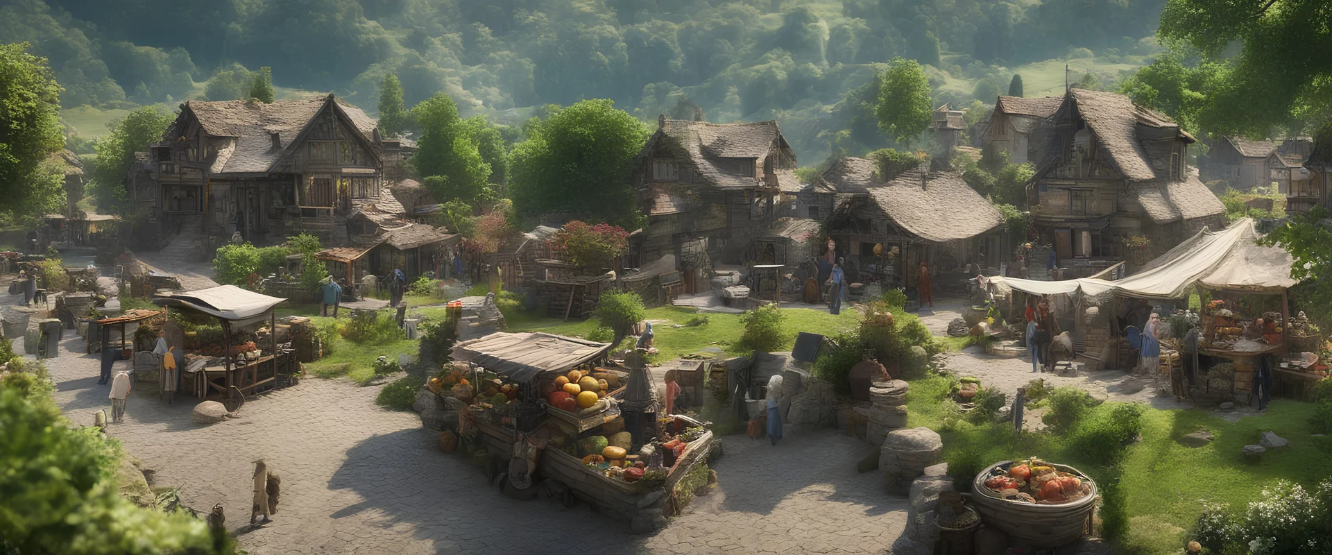 a pro-quality photo of a busy outdoor village market, with a beautiful outdoor countryside summer scene with hills & fields, intricate dwellings, many pathways, streams, waterfalls, waterwheel : very high detail, photorealistic, epic cinematic, 8K, Large depth of field
