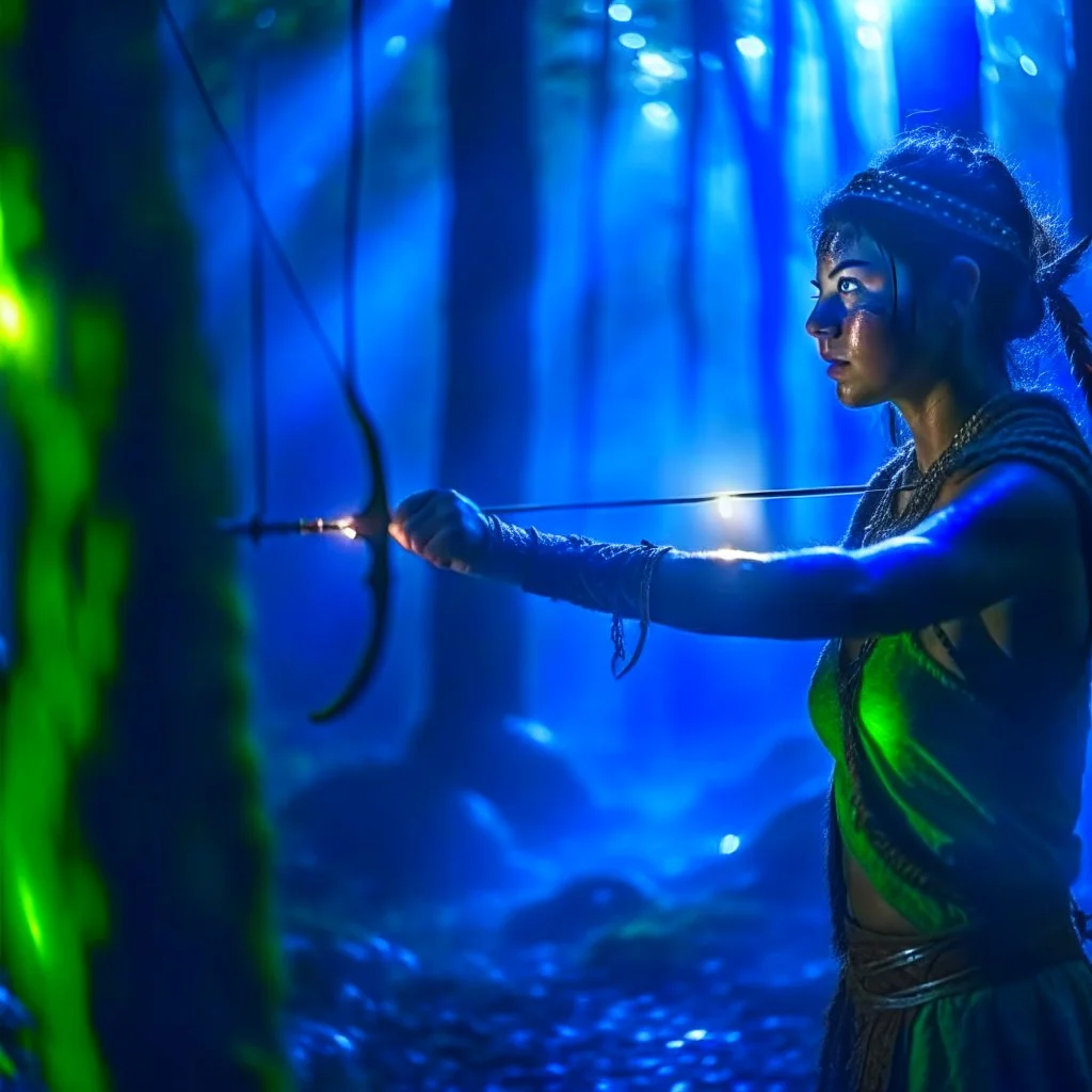 orissa kelly shooting bow and arrow in the underground grove glowing light, in the style of escher, 8k, down-light, soft light, depth of field, photo realism, trending on art station, high detail, smoke and fog