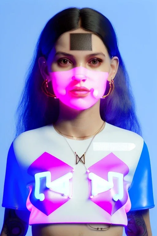 Ultra Realistic image, Rosalía artist, 40 years old, portrait, normal complexion, natural small busty, traditional little tattoo, two bows, little chopsticks hair ,black eye long liner, latex t-shirt and inflatable coat, gold pink and blue style, spray line glow make up, geometric led jewelry, fog, hot, inflatable style latex coat, vibrant color, highly detailed, art stations, concept art, smooth, unreal engine 5, god rays, ray tracing, RTX, lumen lighting, ultra detail, volumetric lighting.