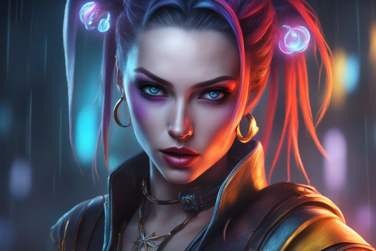 Jinx in 8k realistic arcane drawing style, Dismal them, neon effect, close picture, rain, highly detailed, high details, detailed portrait, masterpiece,ultra detailed, ultra quality