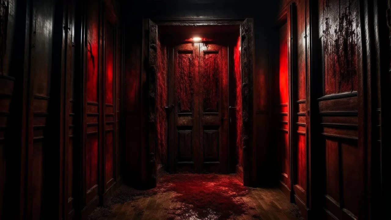 A dark, cavernous room with a large, worn, mismatched wooden door in the center. The walls are painted an intense and vibrant red with chipped areas and black holes, creating an intense and dramatic terrifying atmosphere. The lighting is warm and moody, casting a glow on the scene. The overall impression is one of mystery and intrigue.