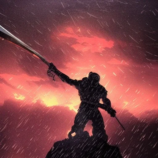 doom scenary. Heavy rain. Epic Lighting in the sky. Knight with a sword. Falling meteorite from the sky. Meteorite burning in the distance.