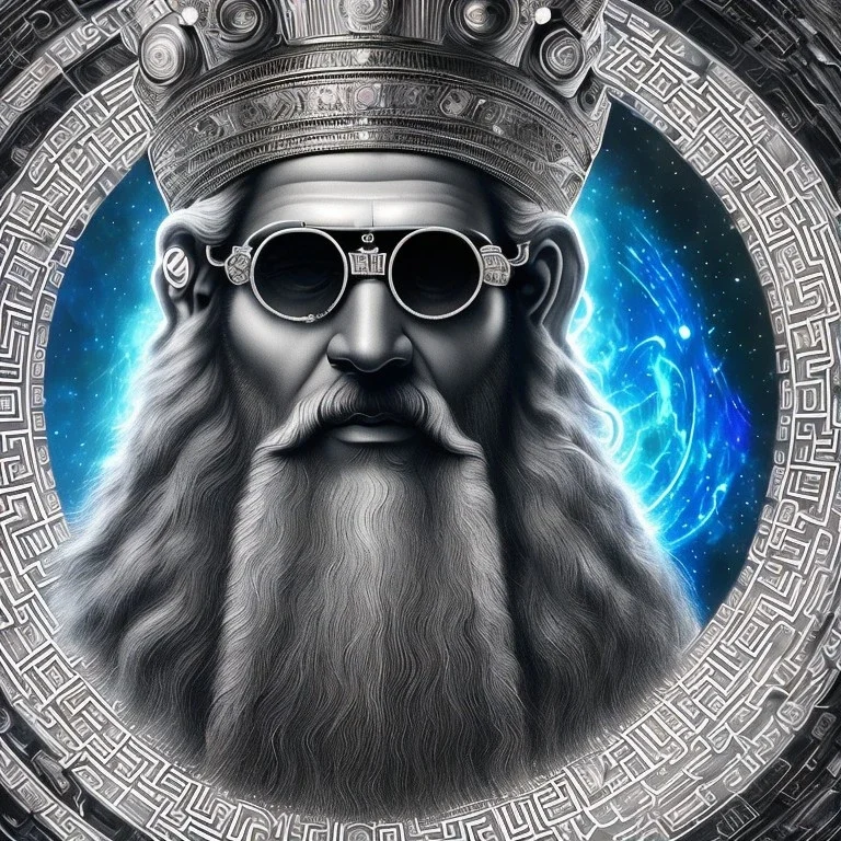 photo realistic, symetrical, centered, ultra detailed, digital art, in center is a portrait of highly detailed greek colossus god zeus wearing futuristic high tech rave glasses surrounded by galaxy codes seeking knowledge, gray beard, crown filled with crystals, detailed face with human skin color, eyes filled with galaxy, dominating colors = gray light blue and dark gold, lightning, smoke,